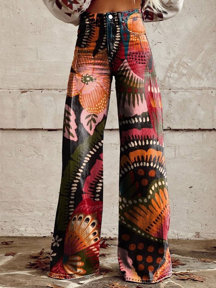 Tourtiwi - Wholesale Pants - Women's - Women's wide leg flared pants imitation denim trousers