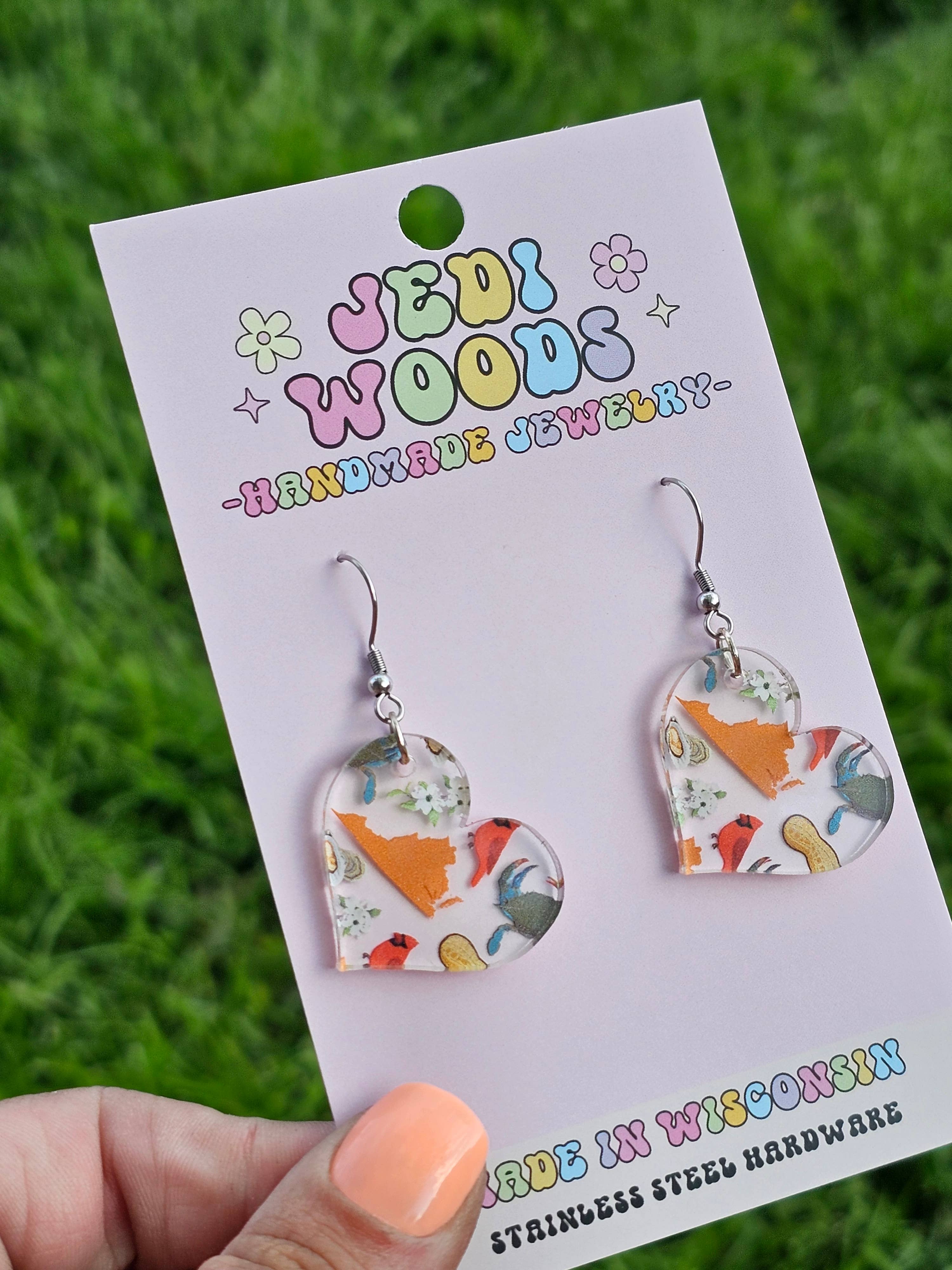 Jedi Woods LLC - Wholesale Dangle Earrings - Heart Shaped Virginia Themed Icon Earrings2