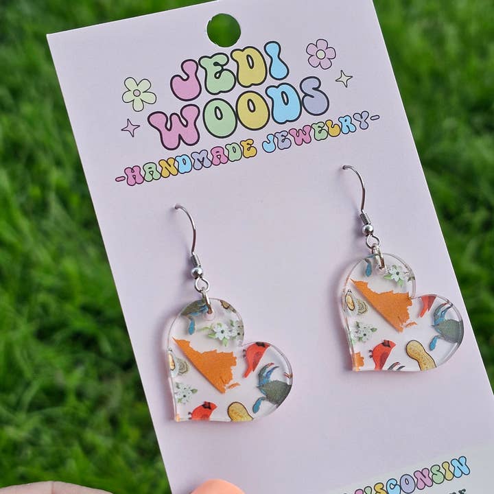 Jedi Woods LLC - Wholesale Dangle Earrings - Heart Shaped Virginia Themed Icon Earrings2
