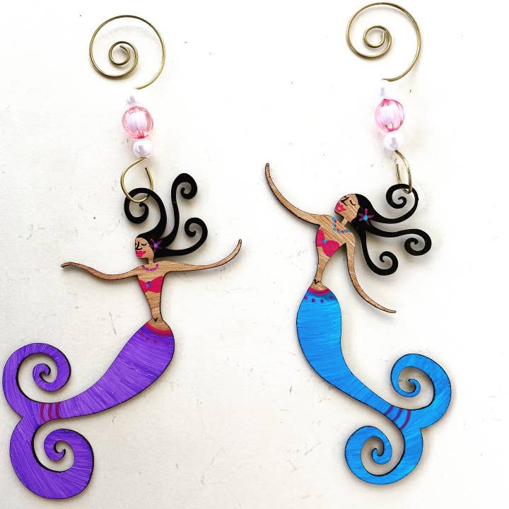 Mermaid Ornament with darker skin tones for wholesale by Octopus Adventure by Rebecca Duffy Bush