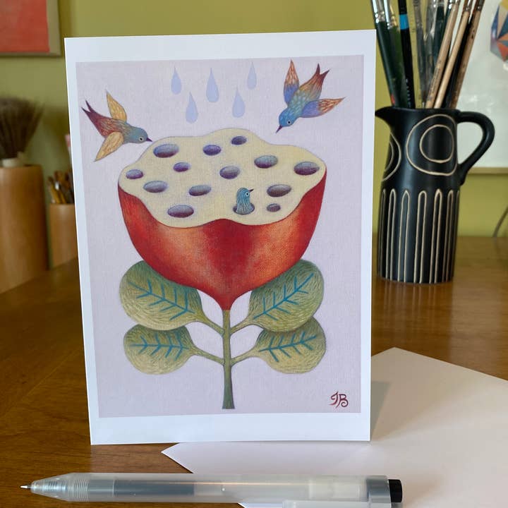 Isabelle Bryer Art - Wholesale Everyday Greeting Card - Heart of Poppy Card – Surreal Birds & Bloom, 5"x7" Art
