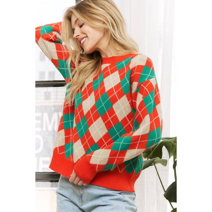 Sweet Generis - Wholesale Knit Sweater - Women's - HOLIDAY ARGYLE PATTERN DROP SHOULDER PULLOVER SWEATER5