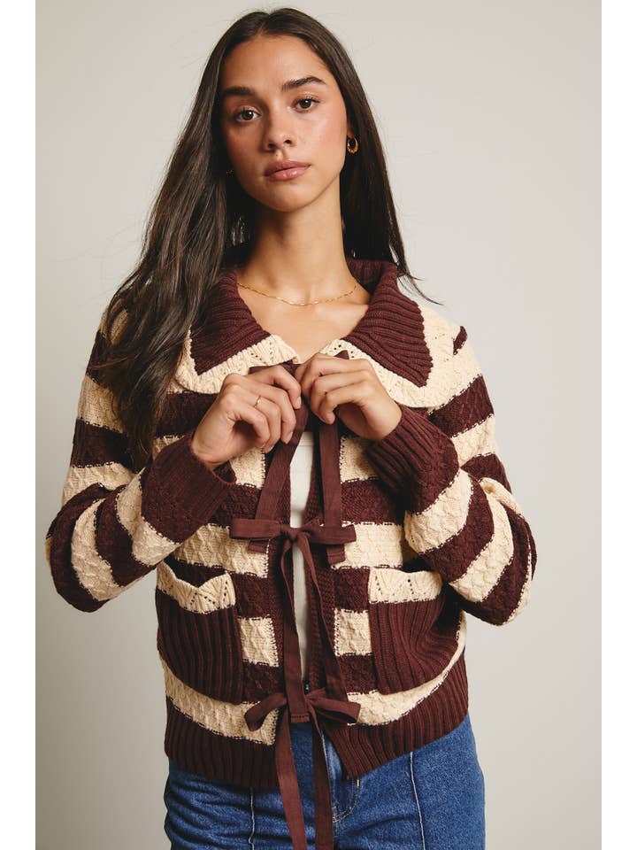Forte - Wholesale Cardigan - Women's - Striped Knit Peter Pan Collar Cardigan FSW00054