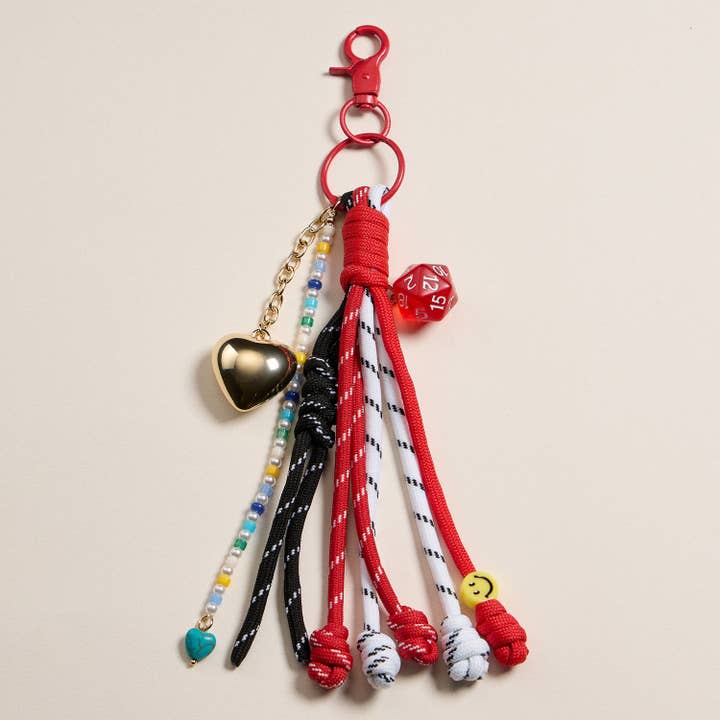 Red Rope Keychain with D20 and Heart Charms for wholesale by Frem