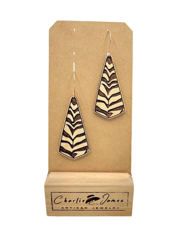 Zebra Engraved Earrings, Maple Wood, Zebra Jewelry, Zebra Gifts, Zebra Dangle Earrings, Zebra Gifts, Safari Earrings for wholesale by Charlie James Artisan Boutique