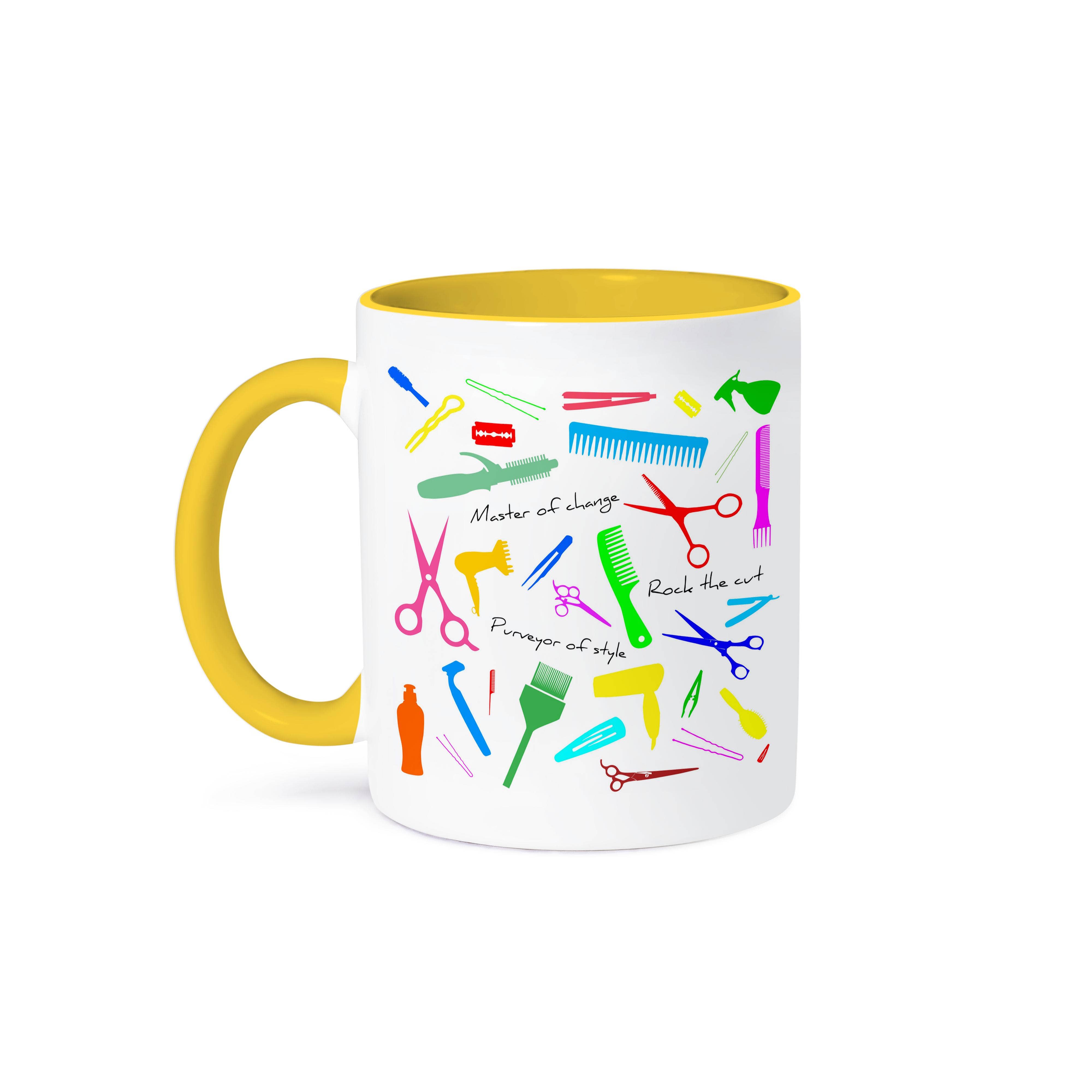 3dRose - Wholesale Coffee Mug - 3dRose, Barber, master of change. Colorful stylist appliances, text, on white, Mug0