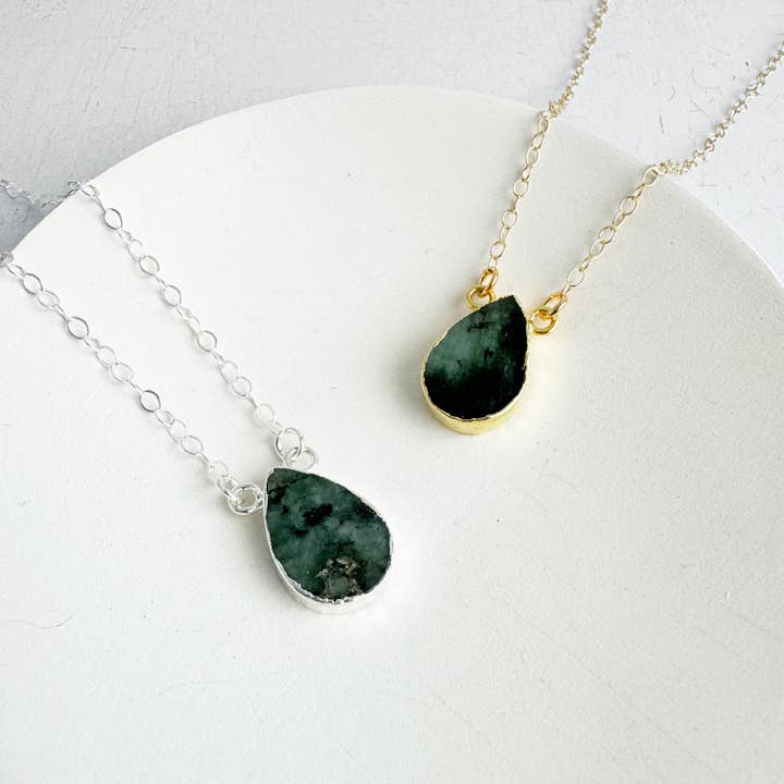 Simple Teardrop Necklace - Raw Emerald for wholesale by Rustic Gem Jewelry