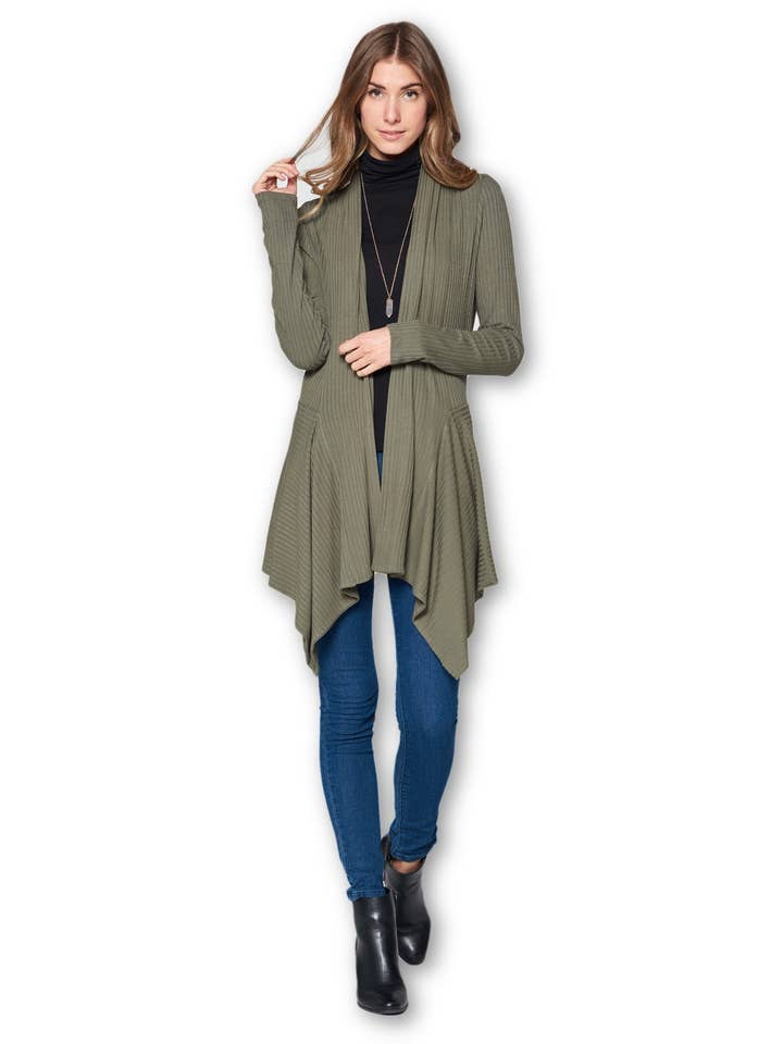 Cardigã longo assimétrico clássico feito nos EUA com frente aberta por atacado de LKLUV