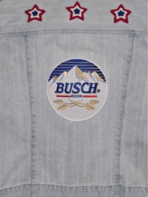 Busch Beer Light Wash Denim Patch Jean Jacket for wholesale by Patchwrx Customs Hat Bar