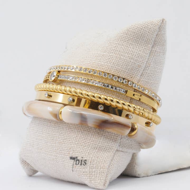 Bijoux 7bis - Vente Parures de bijoux - Kit 5 Bracelets Acier Doré Blanc Promotion