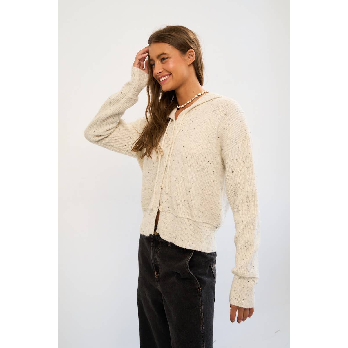 The GREii - Vente Pull en maille – femme - Cardigan à capuche en tricot moucheté avec boutons11