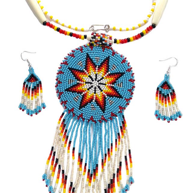 BEADS CORNER - Wholesale Beaded/Pearl Necklace - Turquoise Blue Seed Bead Long Star Medallion Beaded Necklace Earrings