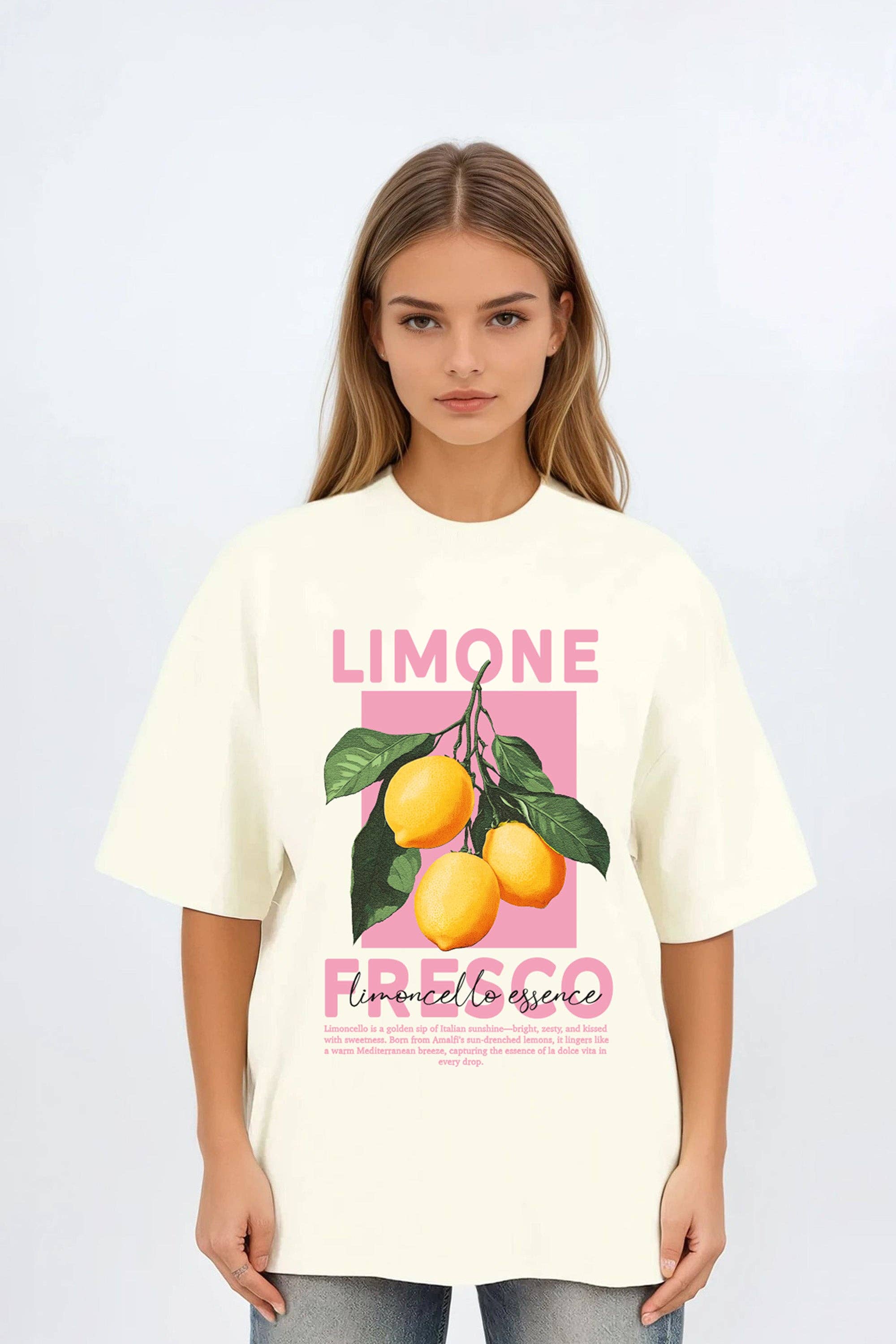 Missi Clothing – wholesale T-shirts med screentryck – Dam – Oversized t-shirt för dam i Limone Fresco citrondesign, 220 GSM3