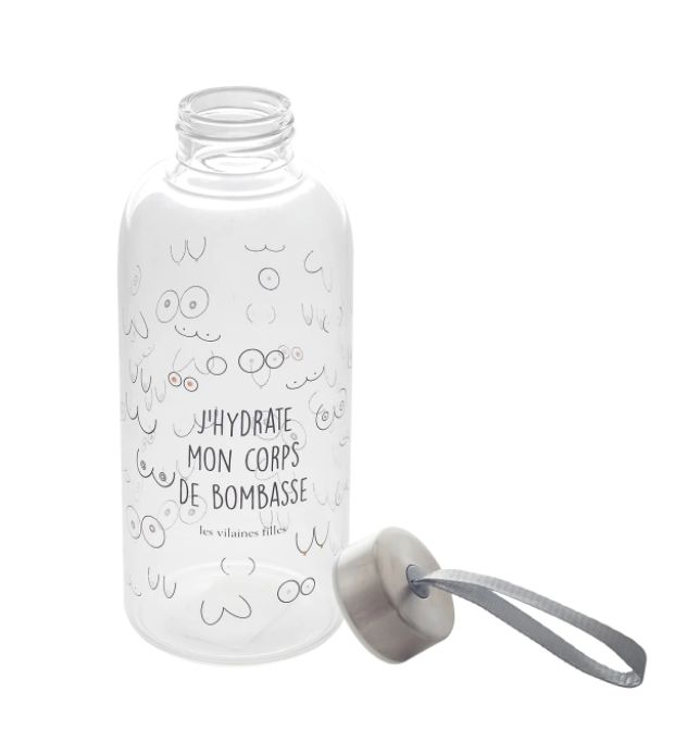 Les Vilaines Filles – copos e garrafas térmicas por atacado – Garrafa de vidro "Hidrato o meu corpo de bombshell"1