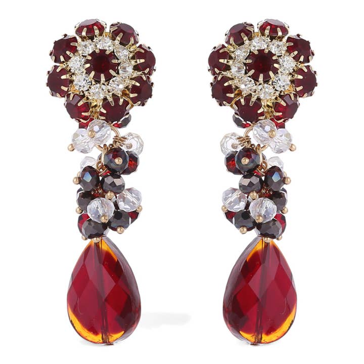 Chunky Ruby Red Flower Statement Earrings | Handmade Jewelry for wholesale by Bijoux Envie Statement Jewelry