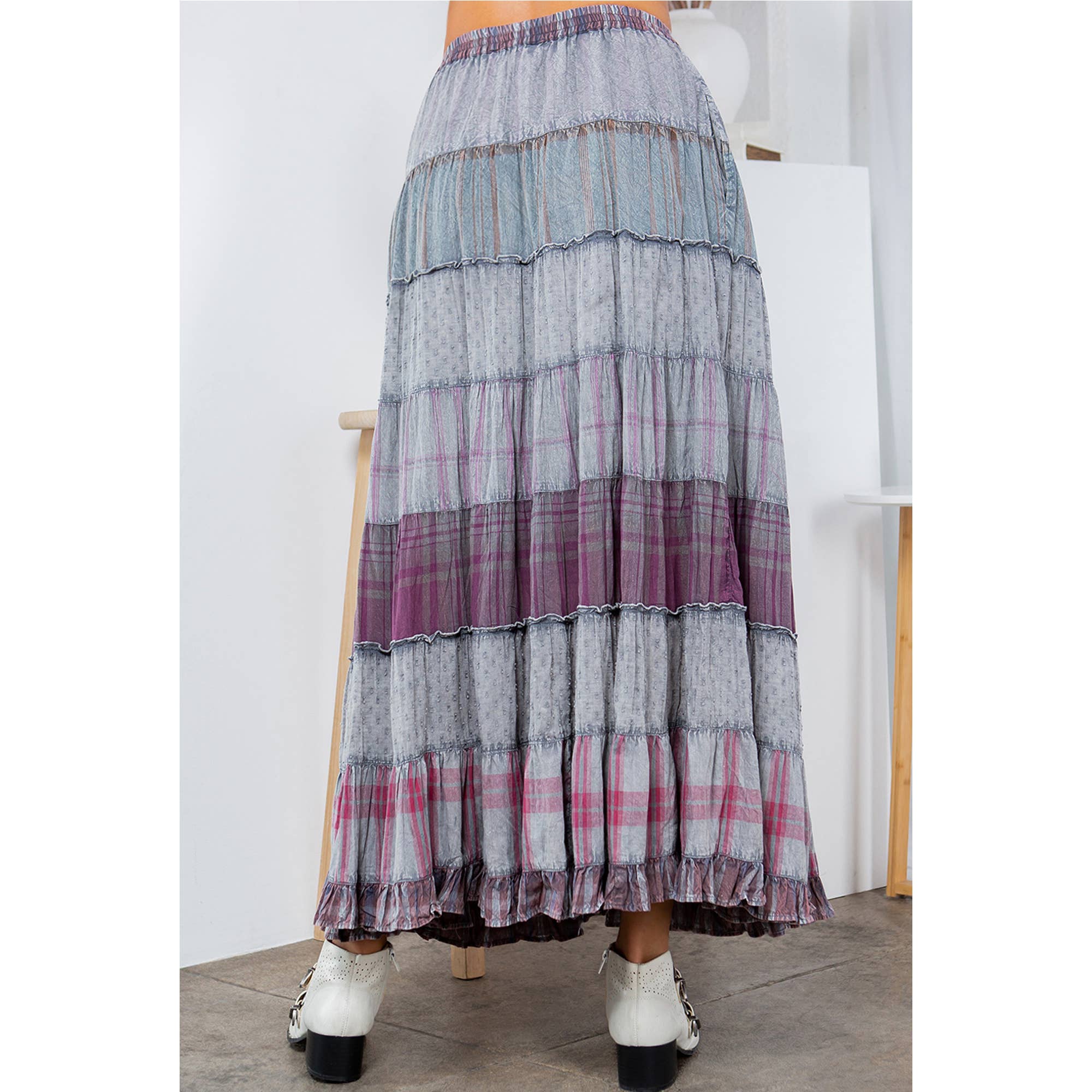 Young Threads - Wholesale Skirt - Women's - Vintage Vibes: Crinkled Tiered Skirt With Mixed Cotton Dobby4