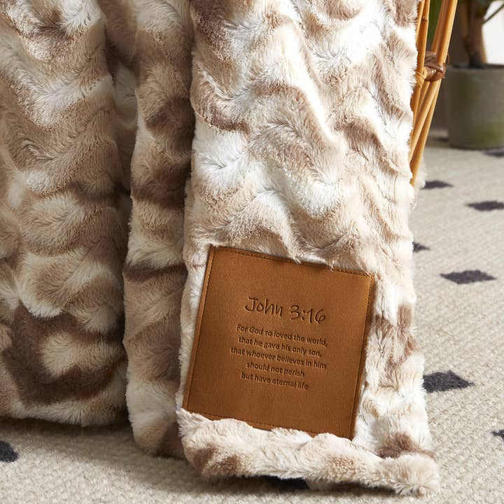 "For God So Loved the World" 1-Ply Faux Fur Patch Throw for wholesale by Duke Imports