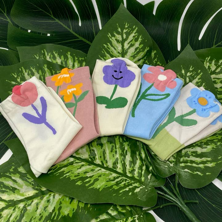 Floral Cutout Fleur Crew Socks β Springtime Colorblock for wholesale by Rainbow Unicorn Birthday Surprise