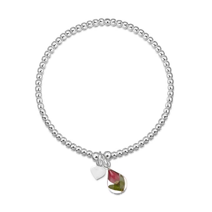 Bracelet extensible en perles d'argent sterling avec mini roses pour la vente par Shrieking Violet
