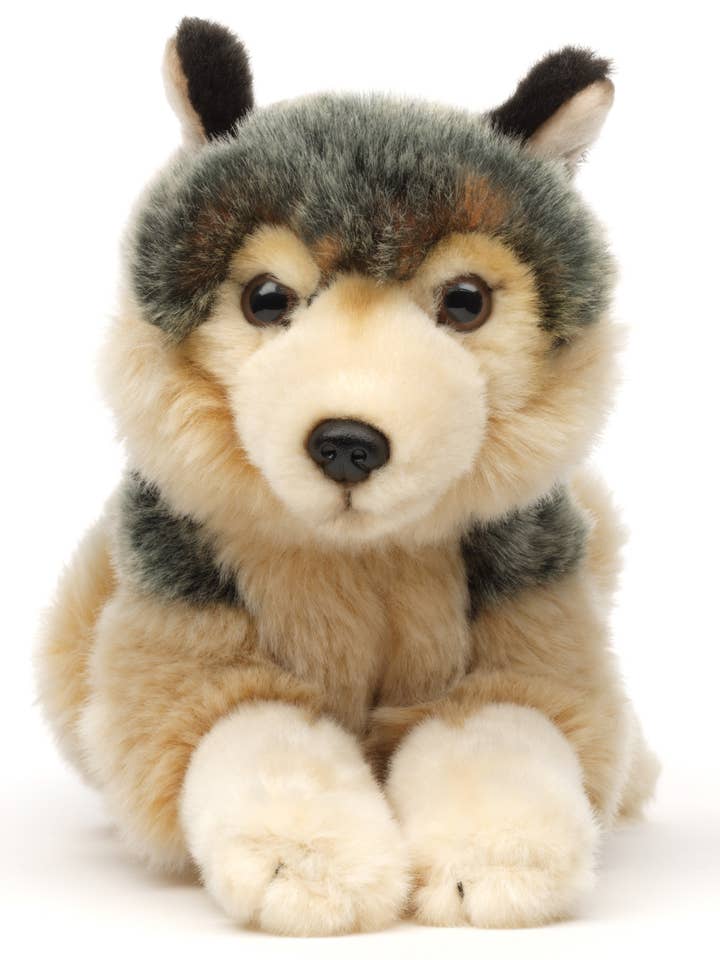 Grey wolf, lying down - 22 cm (length) - cuddly/plush toy for wholesale by Uni Toys