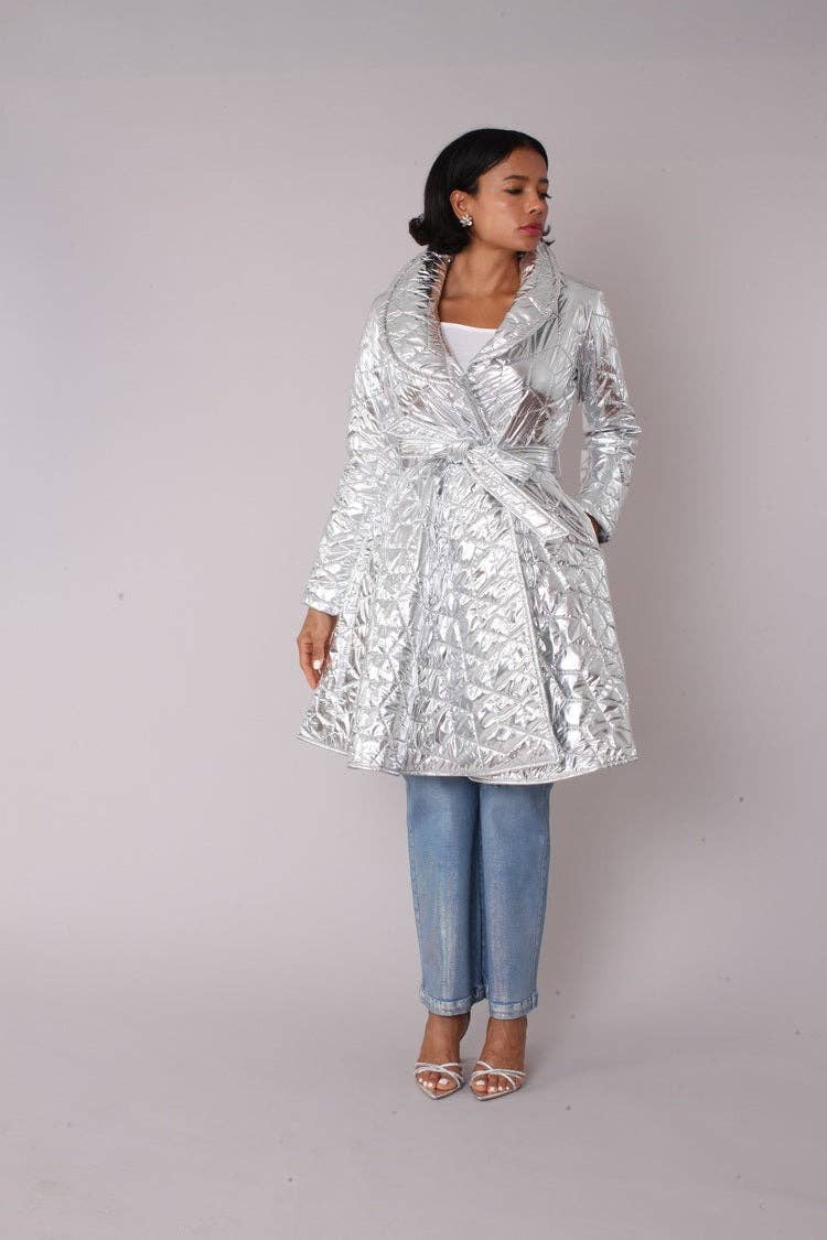 SILVER Metallic Quilted Wrap Coat - 82653 for wholesale on Faire3
