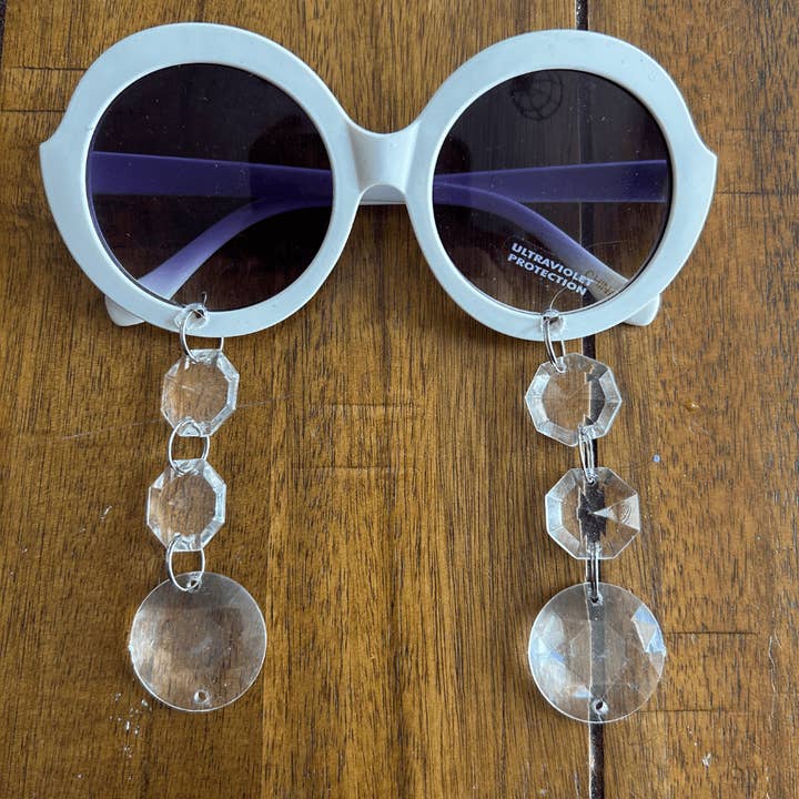 Round White Sunglasses with Crystal Charms – Handmade & Upcycled for wholesale by The Modern Alien
