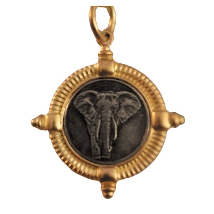 Elephant coin pendant on matte gold paperclip chain for wholesale by ali & bird jewelry