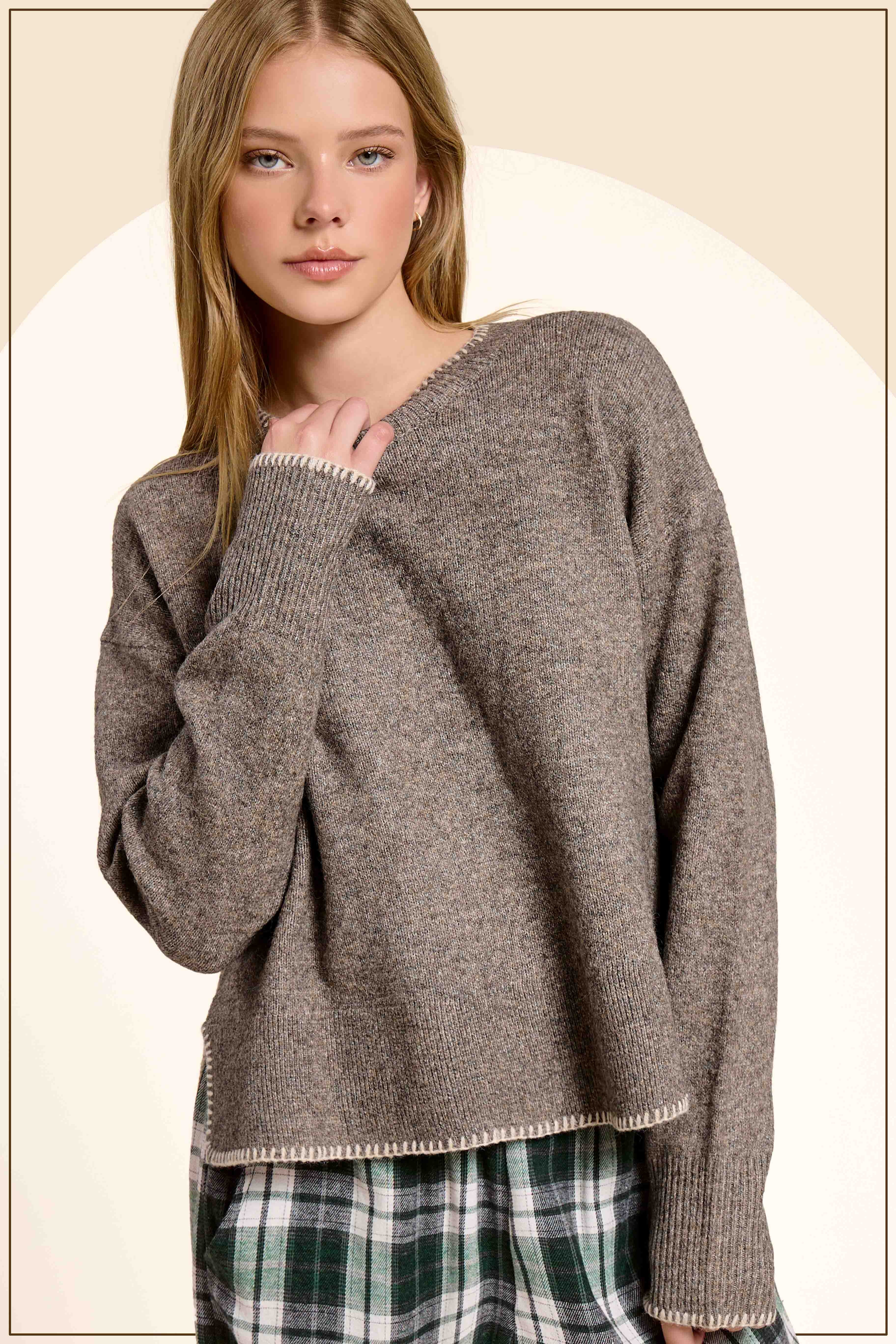 La Miel - Wholesale Knit Sweater - Women's - JDS3607-Hi-Low Crew Neck Sweater W/ Contrast Blanket Stitch6