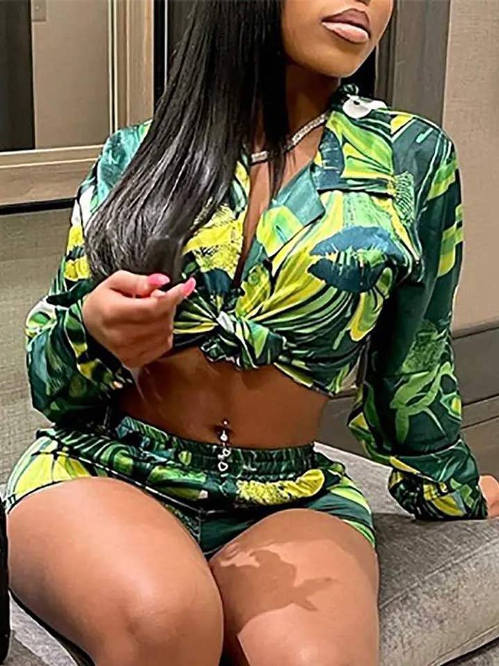 Flarix - Wholesale Top & Short Set (NOT Loungewear) - Women's - print tied detail long sleeve top shorts set5