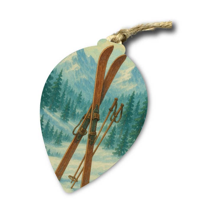 Wooden Vintage Skis Puzzle Ornament – Ski Lodge Gift for wholesale by The Product Barn