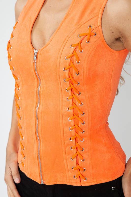 Lydia USA - Wholesale Blouse - Women's - Front Lace Up Back Cut Out Detail Suede Plus Top19