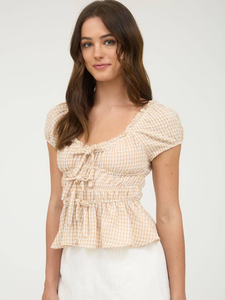 Blu Pepper - Wholesale Blouse - Women's - GINGHAM BOW DETAIL SHIRRED WAIST SHORT SLEEVE TOP