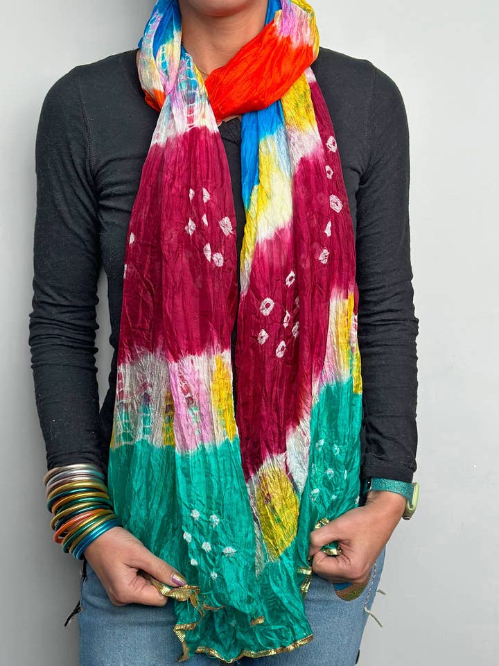 Multicolor Bandhani Tie-Dye Chiffon Dupatta Scarf for wholesale by Woman Shops World