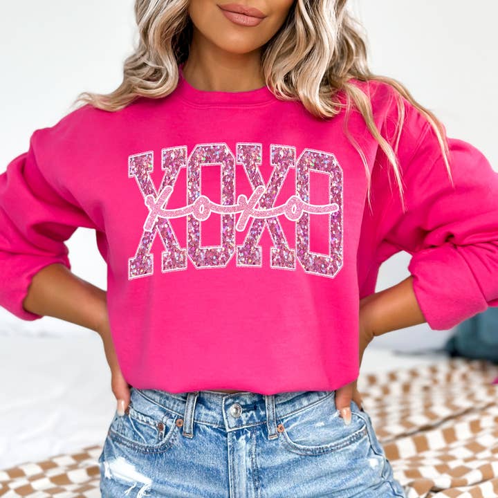 MELODY FAYE - Vente Sweat-shirt – femme - Sweat-shirt Saint-Valentin imprimé rose XOXO à fausse paillette0