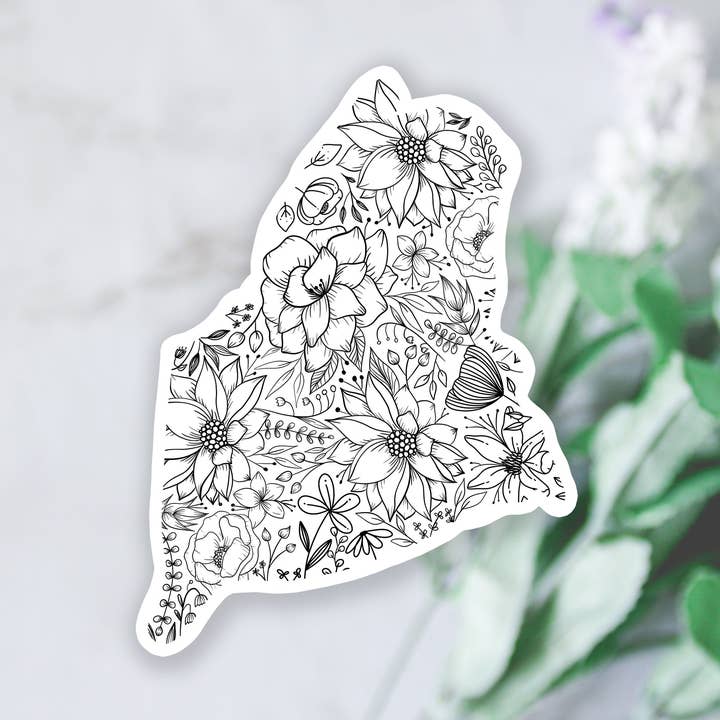 Adesivo in vinile floreale bianco e nero del Maine State per la vendita all'ingrosso da parte di West Creek Mercantile