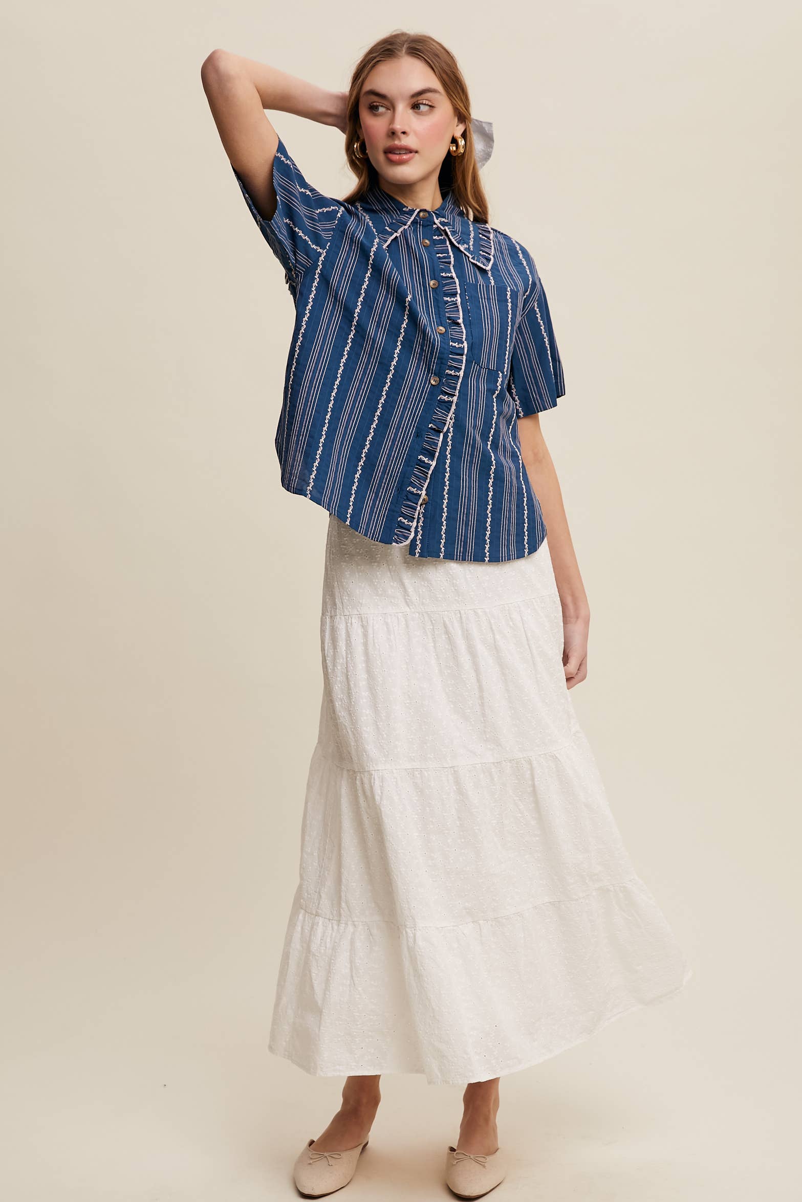Listicle - Wholesale Button Down Shirt - Women's - Striped Embroidered Button-Down Blouse32