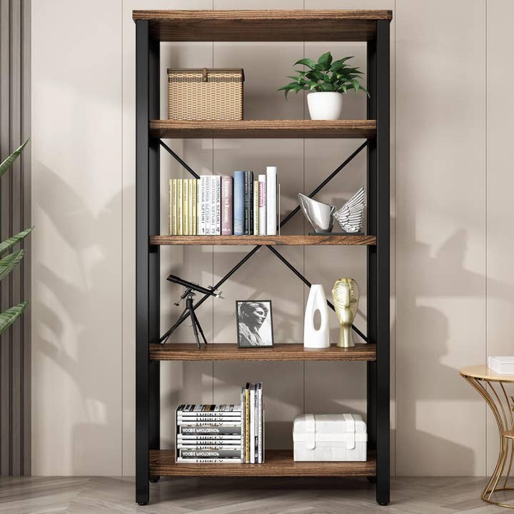 ShipItFurniture - Wholesale Bookcase - 5 Tier Industrial Solid Wood Bookshelf with Metal Frame