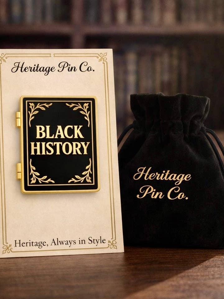 Black History Book Pin - A Story Worth Carrying (Hinged Hard Enamel, Gold Accents) for wholesale by Heritage Pin Co.