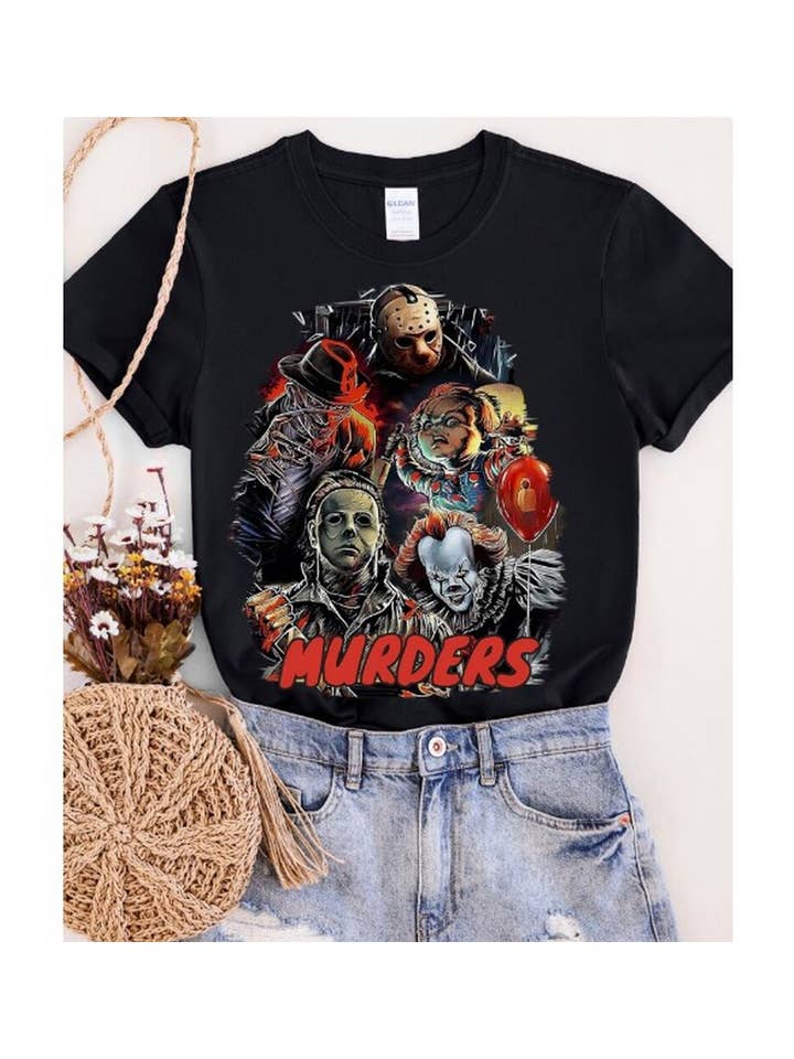Black Murder Retro Scary Halloween Shirt - Horror Movie Fan Shirt, for wholesale on Faire