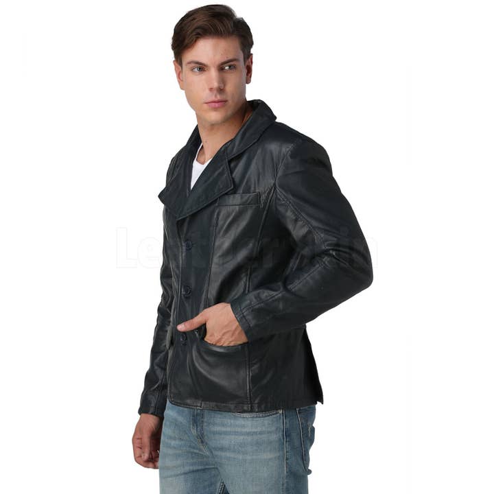 Marineblauwe leren blazer voor heren voor wholesale door Leather Skin Shop