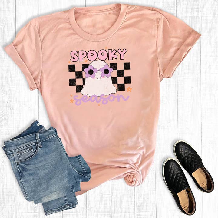 Retro Checkered Spooky Season Ghost Graphic Tee for wholesale by The Way Down South