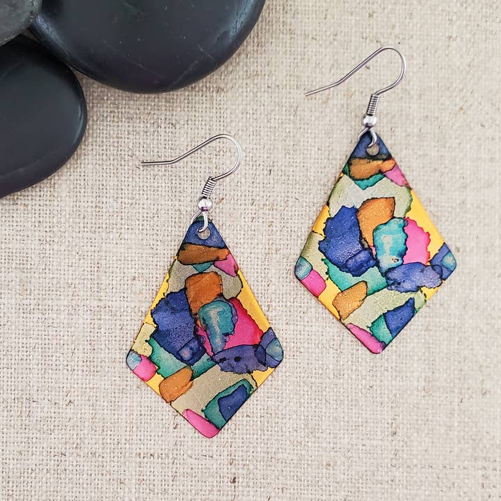 Covaly Artisan Jewelry - Wholesale Dangle Earrings - Alcohol Ink Copper & Stainless Steel Kite Earrings