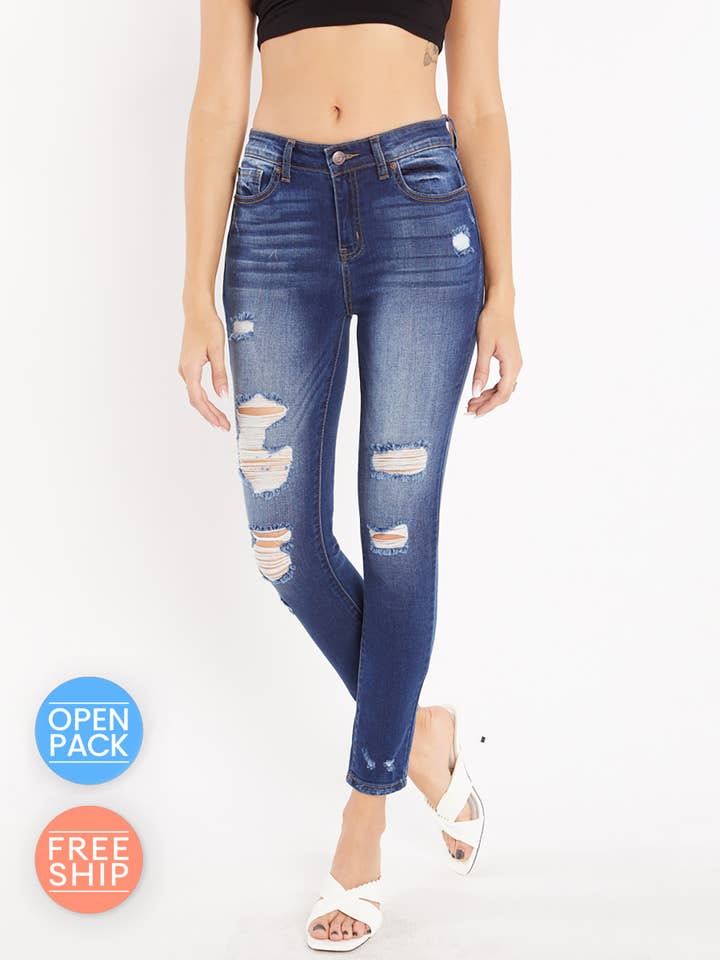 OUVRIR PACK Jean Skinny Taille Haute Délavé à la Cheville WEP3278 pour la vente par ENJEAN