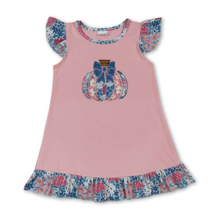 Flutter sleeves floral pumpkin bow kids girls fall dress for wholesale by Yawoo Garments