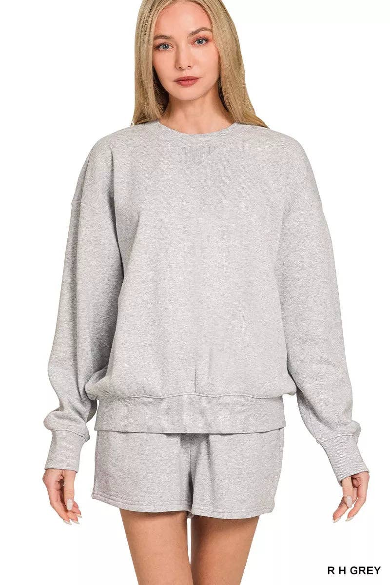 R H GREY Zenana Fleece Long Sleeve Sweatshirts & Shorts Set for wholesale on Faire