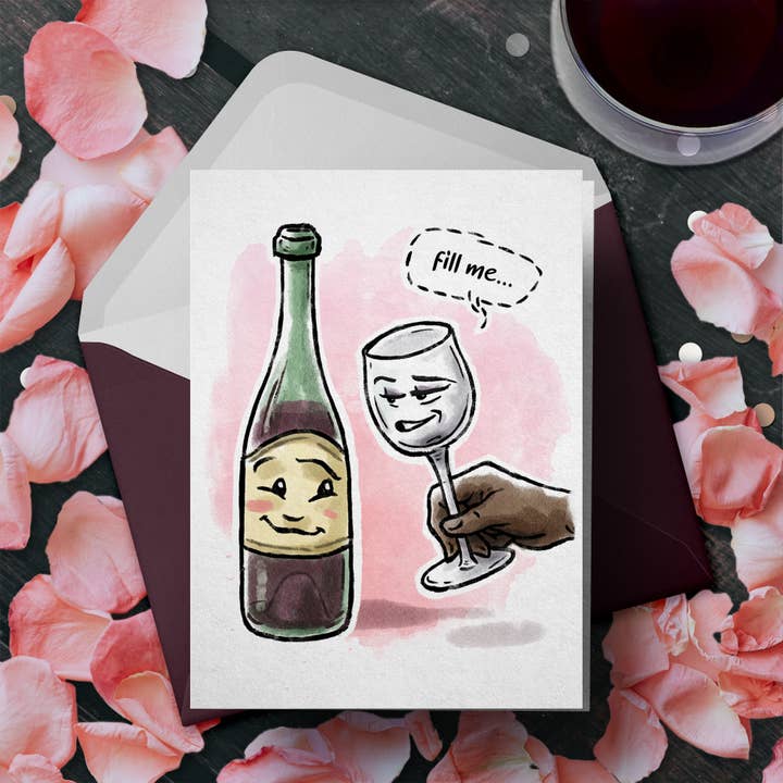 „Fyld mig“ - Lewd Wine Card, Naughty Love Card til par for engroshandel hos Aaron Millard Illustration