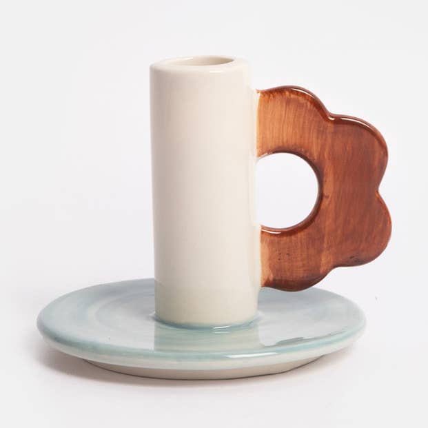 Blue/Brown Flower Candle Holder for wholesale by Caroline Gardner