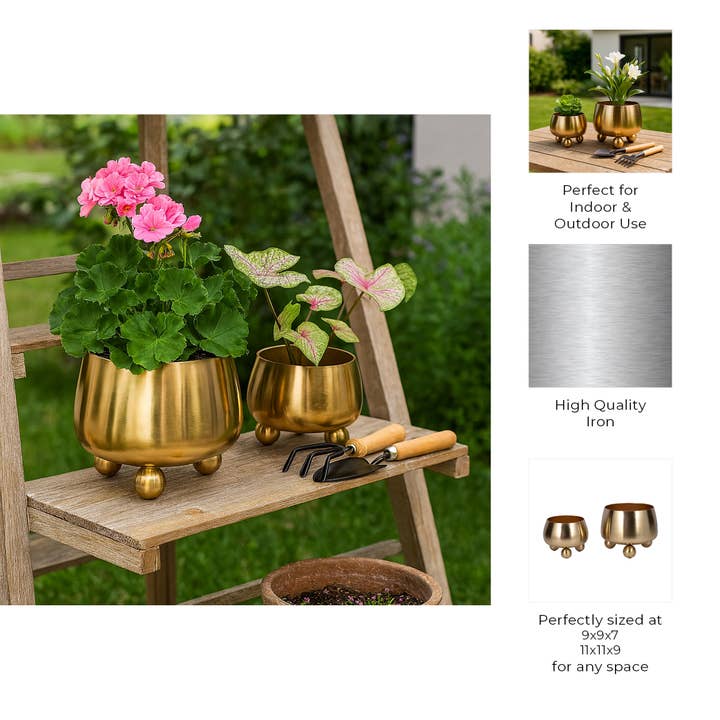 Sagebrook Home - Wholesale Plant Pot - Planters Set of 2 - Gold Metal Round with Ball Feet, 9/11 in4