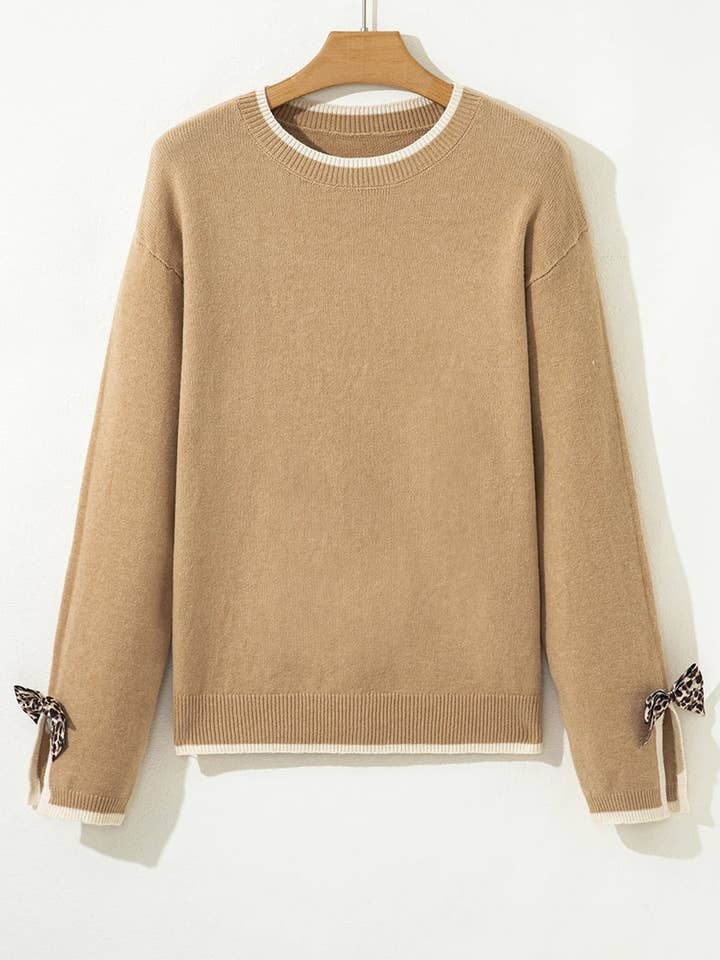 Suhkasana - Wholesale Knit Sweater - Women's - Leopard Bow Split Cuff Contrast Knit Sweater for Women14
