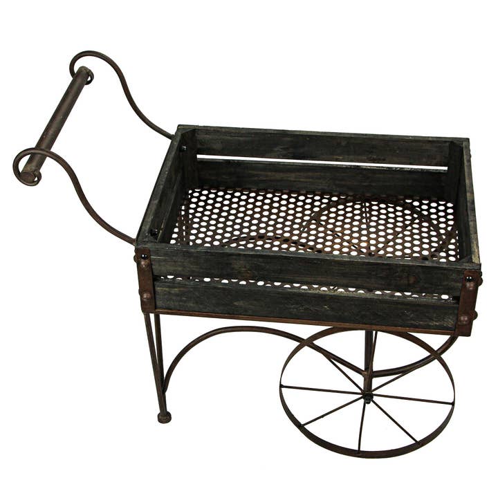 Zeckos - Wholesale Plant Pot Stand - 24 Inch Rustic Black Wood & Metal Wagon Plant Stand
